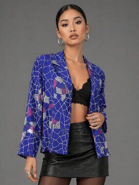 Vintage 90s Royal Blue Blouse | Art Deco Print Dressy Top | X-LARGE | XL